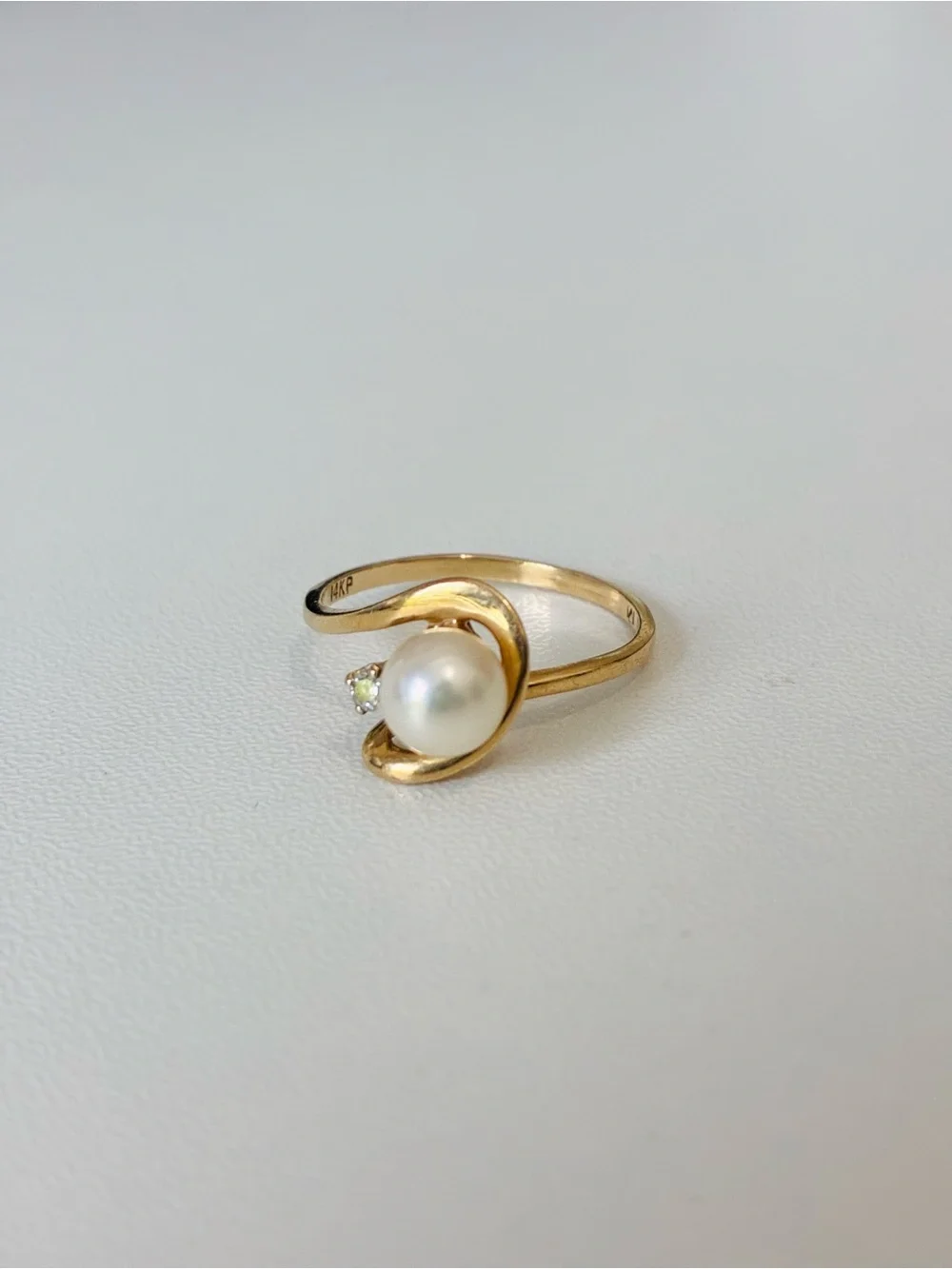 14K Plumb Gold Diamond Pearl Ring And 14K Gold Diamond Earrings, Vintage